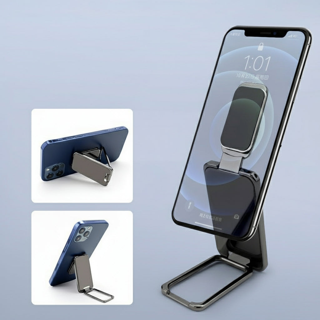 Phone stand with adjustable height and angle on a light blue background